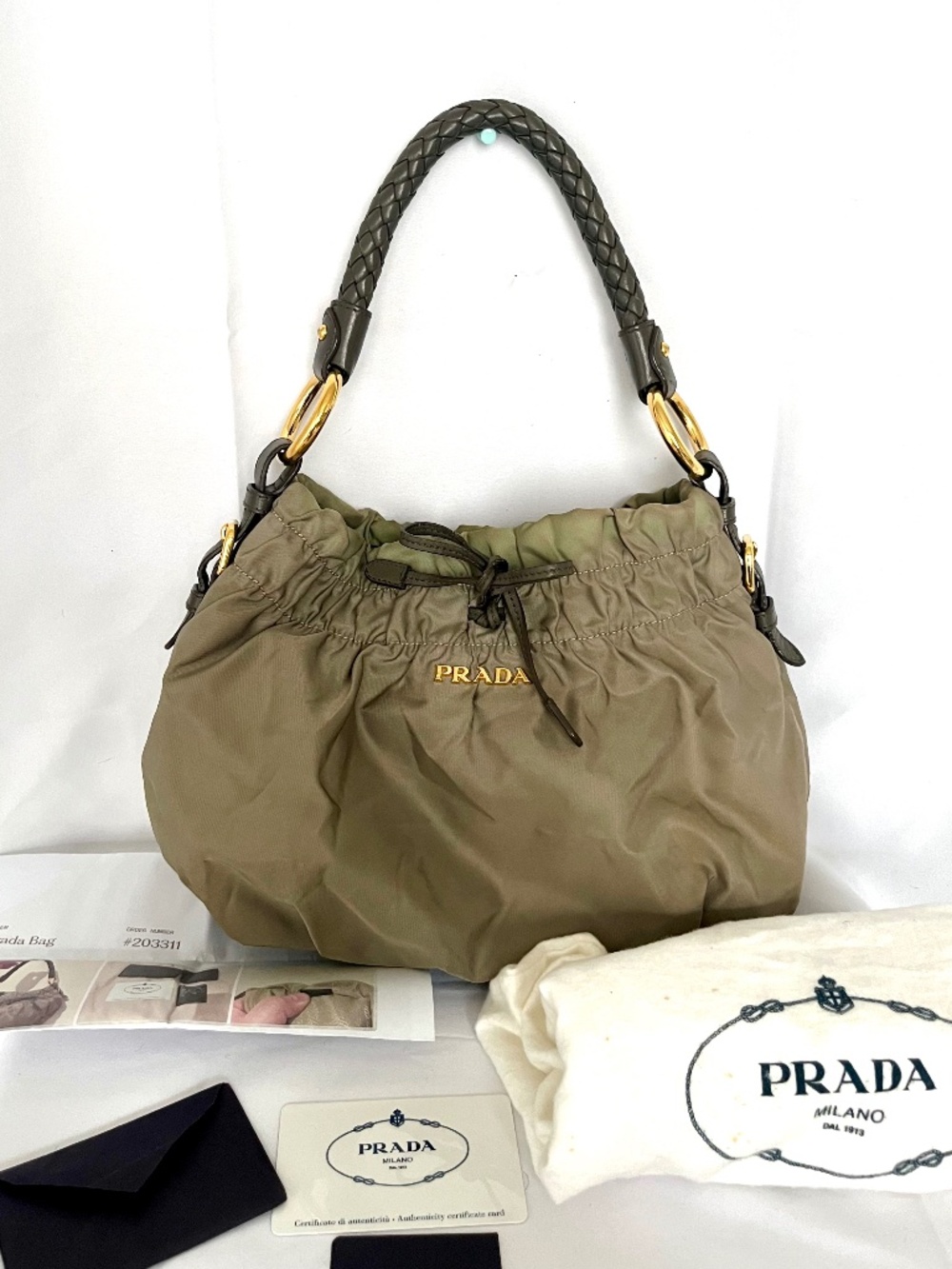 ⚜️ PRADA Olive Green Ruched Nylon Shoulder Bag